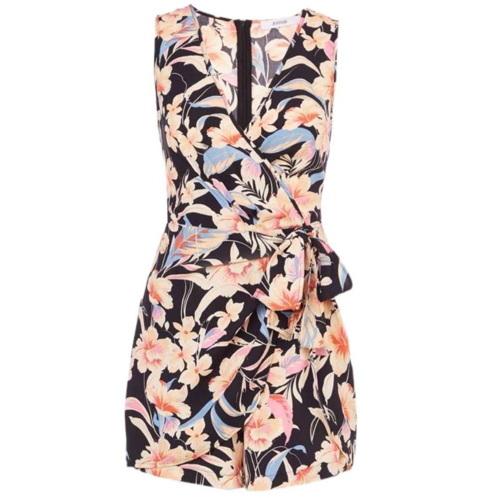 Just Fab Shoedazzle Front Tie Wrap Floral Botanical Tropical Print Black Romper